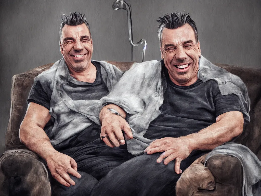 Prompt: extremely detailed digital painting of till lindemann sits on the couch with grandmother and laughing, stunning scene, 4 k, realism, bright colors, trending on artstation