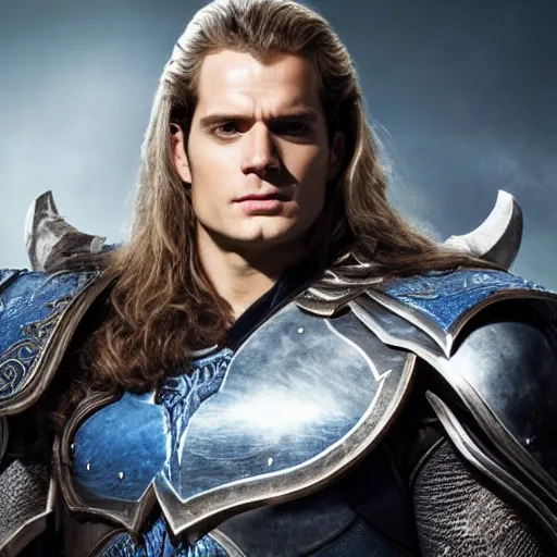 Image similar to Henry Cavill as Arthas Menethil in World of Warcraft, promo shoot, studio lighting