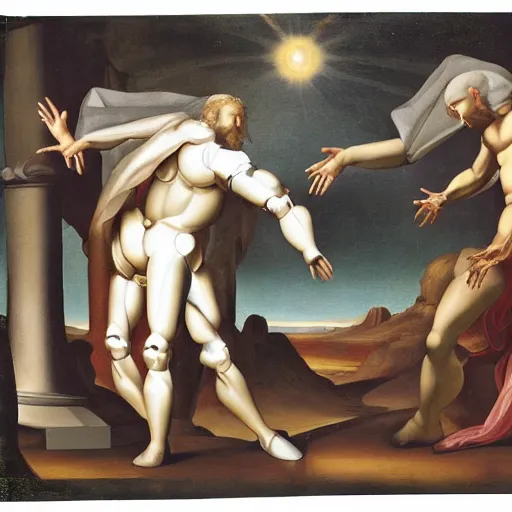 Prompt: the creation of adam the touch of two robotic arms