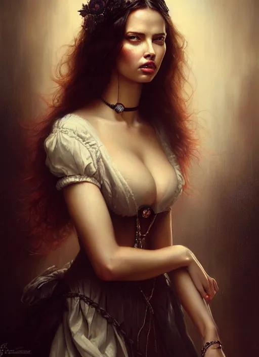Prompt: a beautiful woman with victorian dress, adriana lima, painted by artgerm and tom bagshaw, by rembrandt fantasy art, dramatic lighting, highly detailed oil painting