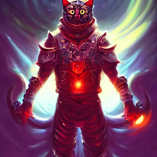 Prompt: portrait of an evil cat man as a paladin in full shining armor with huge beautiful red glowing eyes, oil painting, digital painting, intricate detail, vivid color, neon color, artwork by ross tran