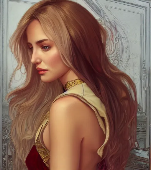 Prompt: corinna kopf wearing a golden dress, grey hair, red necktie, cinematic, stunning, highly detailed, digital painting, artstation, smooth, hard focus, full body shot, illustration, art by artgerm and greg rutkowski and alphonse mucha