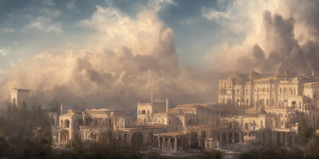 Prompt: beautiful digital illustration of a Byzantine palace in a sea of clouds, fluffy pastel clouds, establishing shot, cinematic, architecture, concept art, deviantArt, artsation, artstation HQ, HD, 16k resolution, smooth, sharp detail, amazing depth, octane, finalRender, Unreal Engine