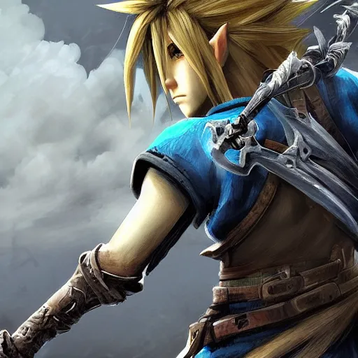 Prompt: cloud strife in the art style of breath of the wild and luis royo, grimdark dramatic lighting, digital art, intricate, highly detailed, matte painting, fine art