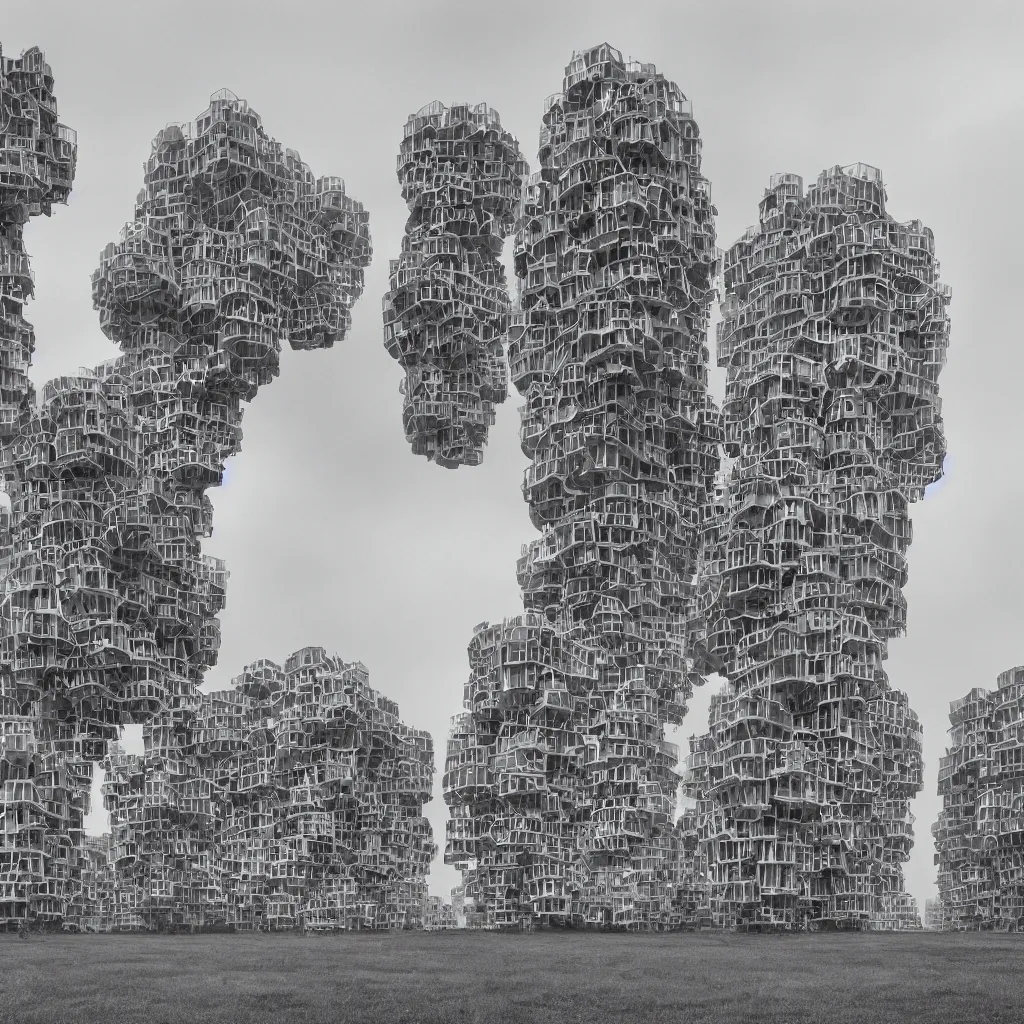 Image similar to two suspended towers made up of colourful makeshift squatter shacks, plain uniform sky at the back, misty, mamiya rb 6 7, ultra sharp, very detailed, photographed by zaha hadid