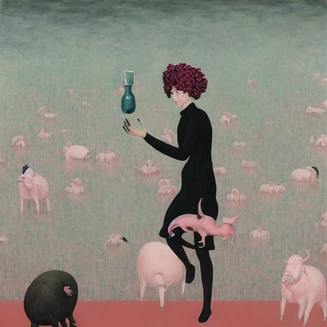 Image similar to tall female emo artist holding a pig in a flooded cafe, octopus, water gushing from ceiling, painting of flood waters inside a cafe, a river flooding indoors, pomegranates, pigs, ikebana, water, octopus, river, rapids, waterfall, black swans, canoe, berries, acrylic on canvas, surrealist, by magritte and monet