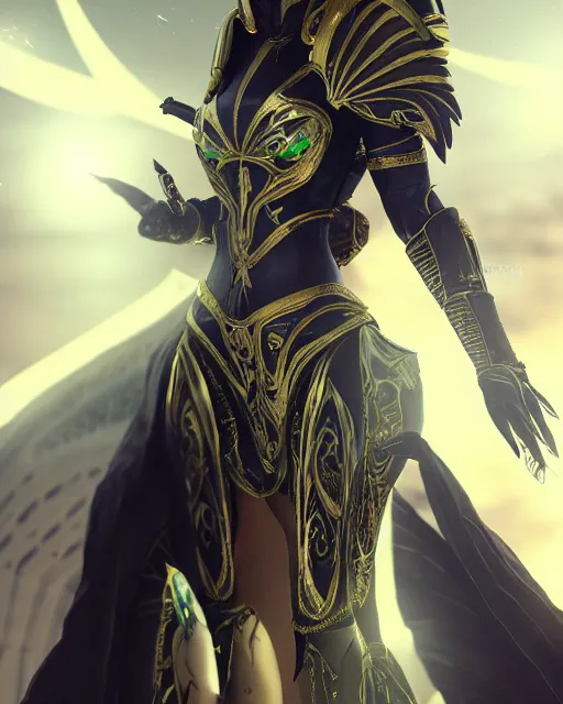 Image similar to sultry egyptian queen wearing white dove wings, warframe armor, regal, attractive, ornate, sultry, elize theron, pretty face, green eyes, scifi platform, 4 k, ultra realistic, epic lighting, illuminated, cinematic, black gold, art by akihito tsukushi, voidstar