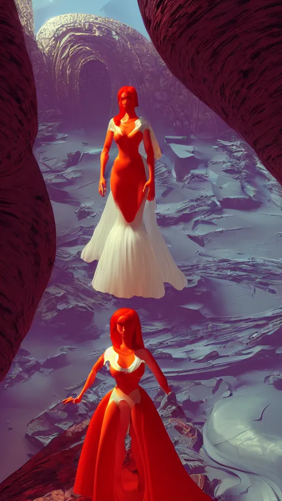 Image similar to a mysterious woman with red hair and white gown, DMT imagery, Octane render, PBR, path tracing. subsurface scattering. By Syd Mead and Tyler Edlin and Paul Lehr and Albert Bierstadt