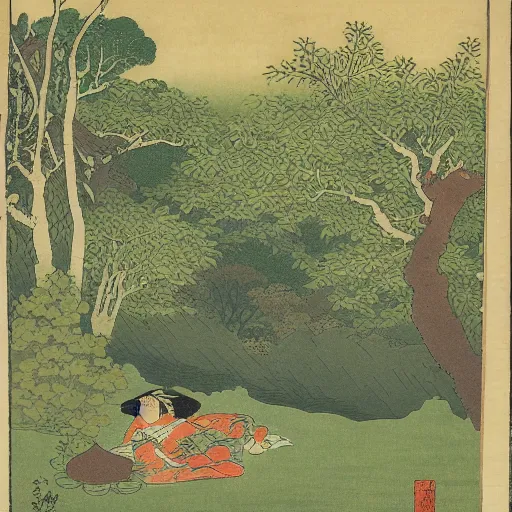 Image similar to A beautiful photograph of a serene and picturesque forest scene. The leaves are all different shades of green, and the sunlight is shining through the trees. There is a small stream running through the forest, and the whole scene is surrounded by mountains. lawn green, ensō by Utagawa Kuniyoshi, by Jean Fouquet