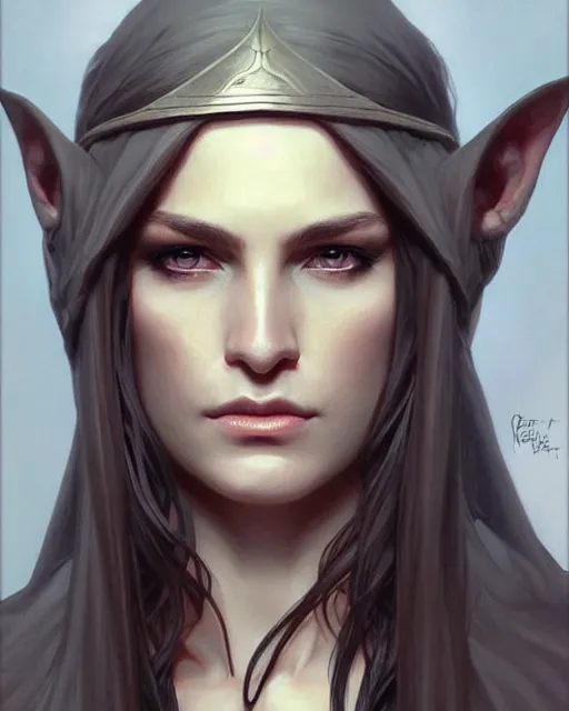 Image similar to portrait of an elven mage, dark, piercing eyes, gentle expression, elegant clothing, photorealistic, highly detailed, artstation, smooth, sharp focus, art by michael whelan, artgerm, greg rutkowski and alphonse mucha