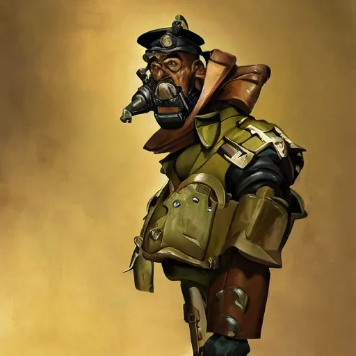 Image similar to greg manchess digital painting of an old dieselpunk orc military officer ( as an overwatch character ) with olive green skin sitting at a desk in his office, organic painting, matte painting, bold shapes, hard edges, street art, trending on artstation, by huang guangjian and gil elvgren and sachin teng