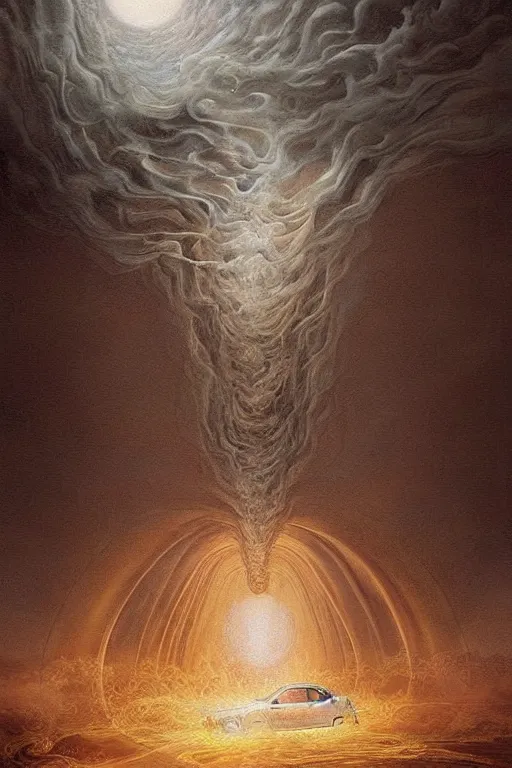 Image similar to Intricate stunning highly detailed white Fiat 600 from the 70s built in Spain, digital painting by agostino arrivabene and Vladimir Kush, surreal, ultra realistic, Horror vacui, dramatic lighting, full moon, thick black swirling smoke tornado, burning fire embers, artstation