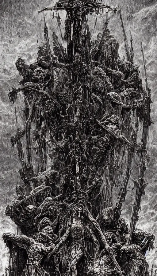 Image similar to Scorn themed painting of unholy darkness crucifixion concept, intricate artwork by H.R. Giger, Johnatan Wayshak, Zdizslaw Beksinski, Ayami Kojima, Amano, Karol Bak, Moebius, and Mark Brooks, Neo-Gothic, gothic, rich deep colors, art by Takato Yamamoto, masterpiece, face by Artgerm, very coherent artwork, cinematic, hyper realism, high detail, octane render, unreal engine, 8k, High contrast, golden ratio, trending on cgsociety