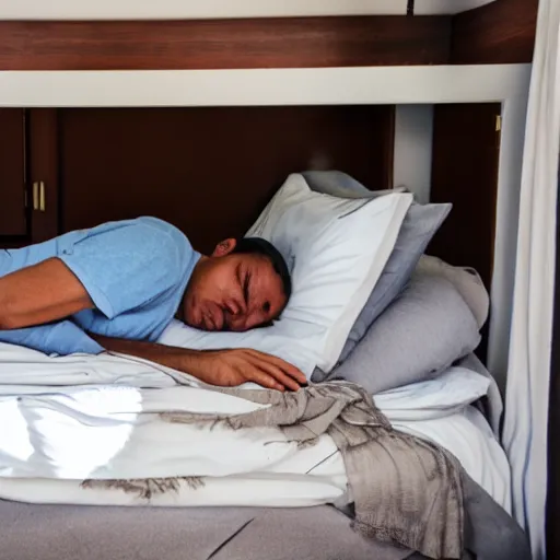 Prompt: guy sleeping on his bed face down shutter letting in sunlight bed is a mess