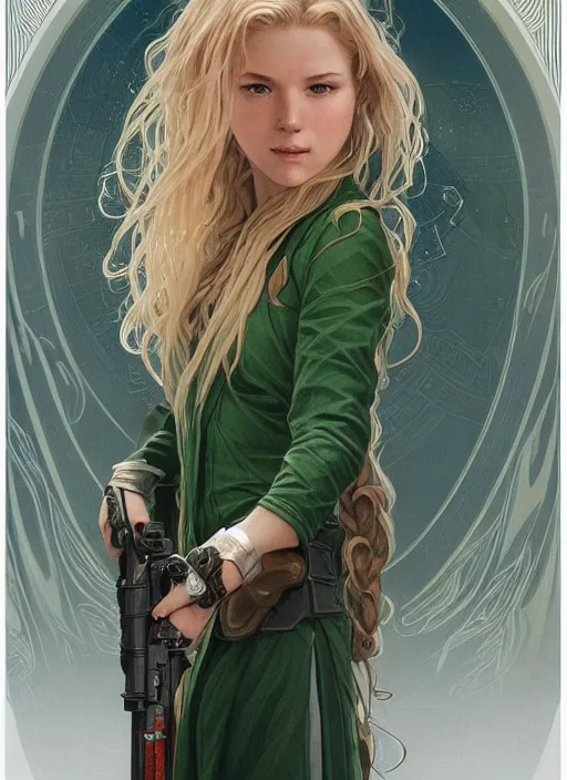 Image similar to a young april with a mischievous face and extremely long blonde wavy hair dressed in a green pale suit, she is a jedi from star wars, intricate detailed face, artgerm, greg rutkowski, alphonse mucha