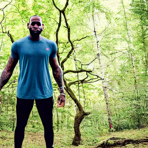 Prompt: lebron james doing yoga in the forest, ( eos 5 ds r, iso 1 0 0, f / 8, 1 / 1 2 5, 8 4 mm, postprocessed, crisp face, facial features )