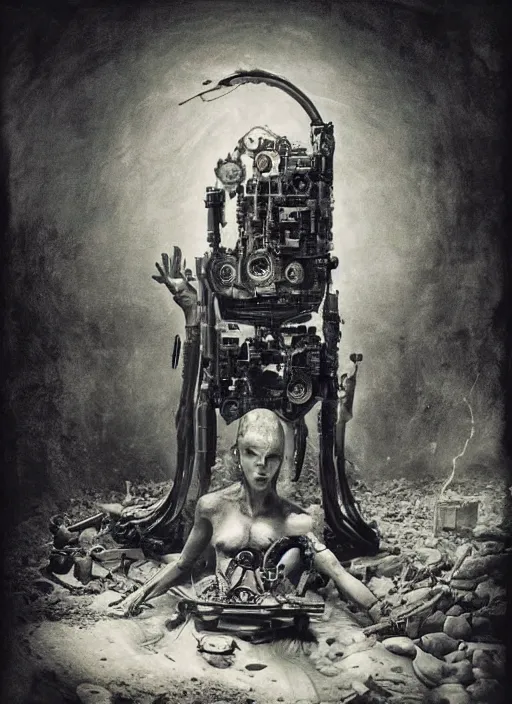 Image similar to old wetplate daguerreotype birth of a futuristic cyborg in times of eternal summoning, fractal, intricate, elegant, highly detailed, parallax, leica, medium format, subsurface scattering, by jheronimus bosch and greg rutkowski and louis jacques mande daguerre