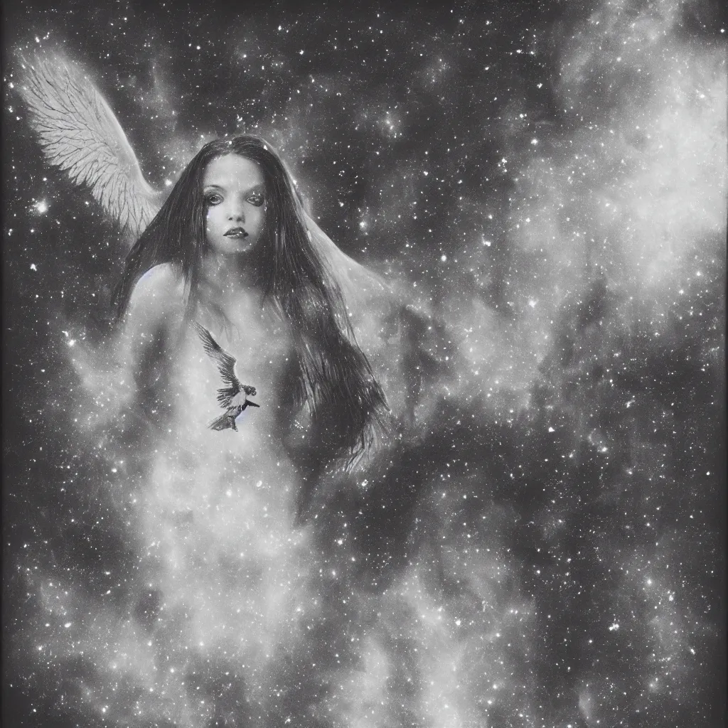 Image similar to a lost female angel glaring into your eyes, deep cosmic eyes, wide long wings made from dark cosmic nebulas, realistic photograph, polaroid pic by horror