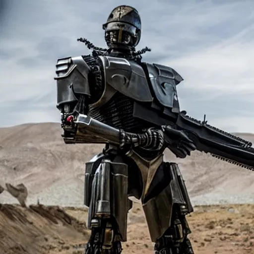 Image similar to cinematic still in westworld and real steel movie, one slim full body ornate armored core by fujioka kenki and by mamoru nagano, holding sci - fi rifle,