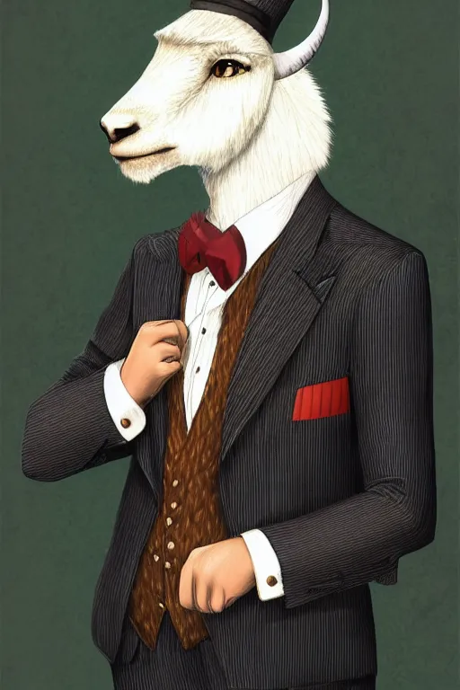 Image similar to beautiful portrait commission of a male furry anthro mountain goat wearing a pinstripe suit and waistcoat, smoking a cigar, award-winning character art, detailed, trending on artstation