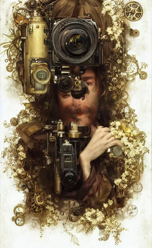 Image similar to hyper realistic male photographer looking through a vintage steampunk medium format camera, design on white background, beautiful details, lush foliage cyberpunk, gold, drawn by john singer sargent, tom bagshaw, norman rockwell, alphonso mucha, lolish, trending on artstation