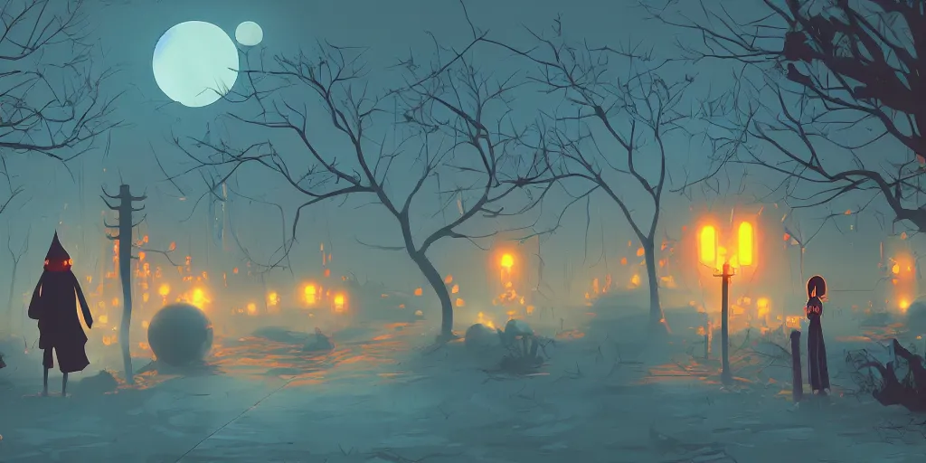 Prompt: spooky halloween wallpaper, digital art by james gilleard and makoto shinkai