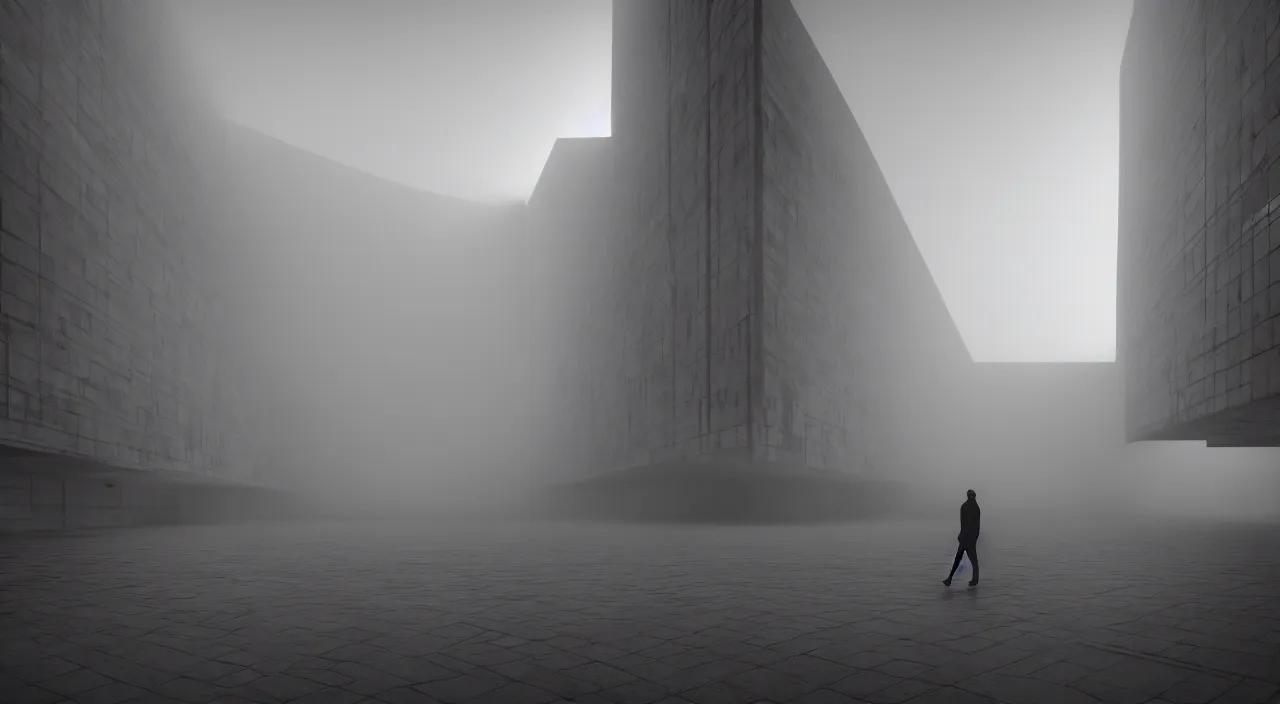 Prompt: realistic interior of a Soviet brutalist architecture building, blurred silhouette walking to the horizon in the distance, Godrays at sunset, hard shadows, volumetric fog, Hyper realistic film photography, Zeiss 14mm f1.8, Hasselblad, breathtaking, insanely detailed, 8k, epic composition