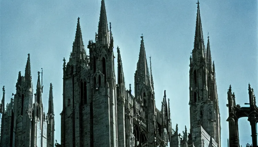 Image similar to 7 0 s film still from a horror movie about people standing on top of cathedrals, kodachrome, cinecolor, cinestill, film grain, film texture, retro, cinematic, high resolution, photorealism,