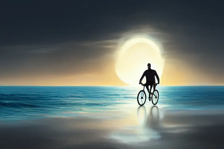 Image similar to photo of man riding a bicycle along the beach, glowing underwater toward a lighthouse in the distance, silhouette, wide horizon, large white clouds, intricate, elegant, highly detailed, digital painting, artstation, concept art, smooth, sharp focus, illustration, art by artgerm and greg rutkowski and fra angelico