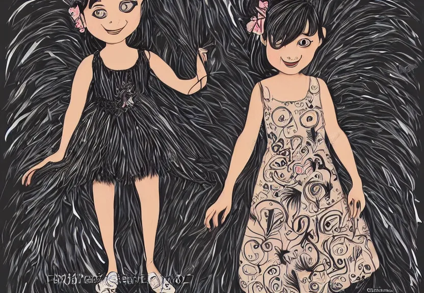 Prompt: little girl with a short black haircut wearing a dress made of black feathers, artwork in disney art style, anatomically perfect