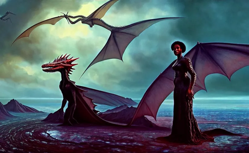 Image similar to realistic detailed photorealistic film portrait shot of a beautiful black woman with, sci-fi landscape with a drogon on background by Denis Villeneuve, Amano, Yves Tanguy, Alphonse Mucha, Ernst Haeckel, Andrei Tarkovsky, Edward Robert Hughes, Roger Dean, rich moody colours, wide angle, blue eyes