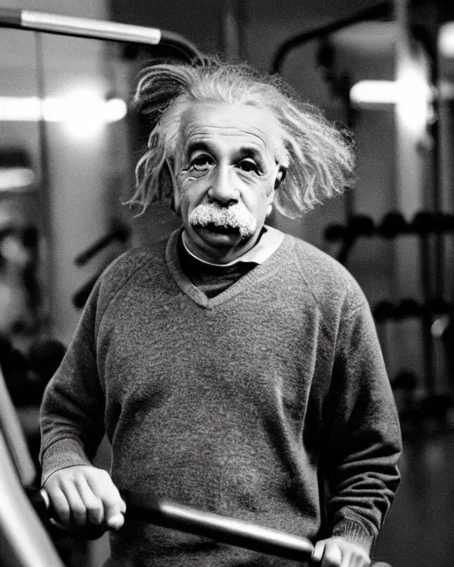 Prompt: a portrait of albert einstein working out at the gym, highly detailed, trending on artstation, bokeh, 9 0 mm, f / 1. 4