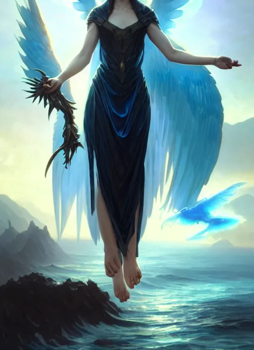 Image similar to a beautiful cinematic female archangel queen, fantasy sea landscape, fantasy magic, short aqua blue black fade hair, dark light night, intricate, elegant, sharp focus, illustration, highly detailed, digital painting, concept art, matte, art by WLOP and Artgerm and Greg Rutkowski and Alphonse Mucha, masterpiece