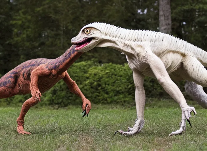 Prompt: photo of a hybrid between a velociraptor and a dog