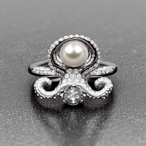 Image similar to hd photo of a octopus ring with diamond and pearls by chanel, art nouveau, denoise, deblur