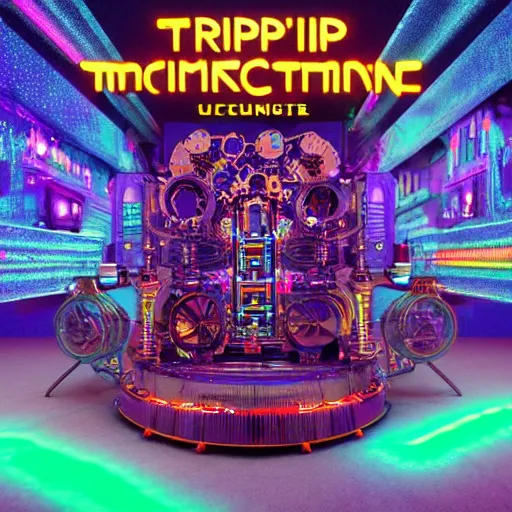 Image similar to cover art, album is called tripmachine, tripmachine, photo of a huge steampunk machinery with guitars and drums and pianos, connected with glowing tubes 8 k, fluorescent colors, halluzinogenic, multicolored, exaggerated detailed, front shot, 3 d render, octane