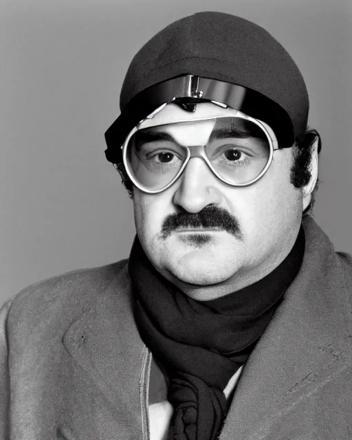 Prompt: headshot of john belushi wearing a leather cap and aviator goggles, he is also wearing an a 2 flight jacket, a long white scarf is wrapped around his neck, he has a 5 o'clock shadow, a crazed angry look on his face