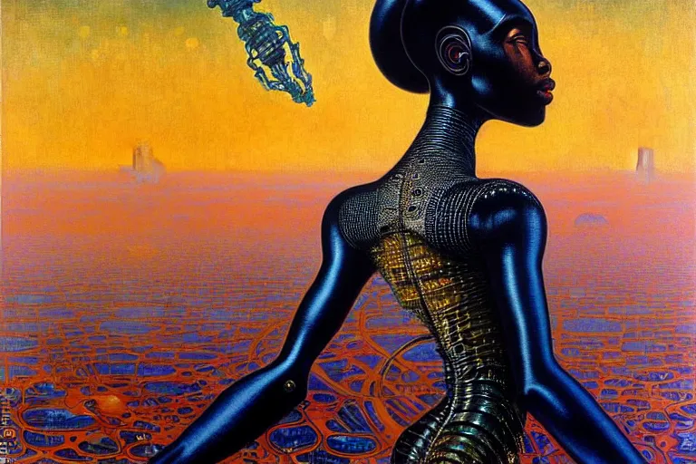 Prompt: realistic extremely detailed closeup portrait painting of a beautiful black woman in a dress with supercomputer robot, dystopian city on background by Jean Delville, Amano, Yves Tanguy, Ilya Repin, Alphonse Mucha, Ernst Haeckel, Edward Hopper, Edward Robert Hughes, Roger Dean, heavy metal, rich moody colours