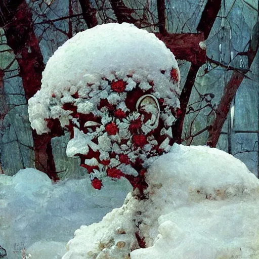 Prompt: a sculpture made of snow and ice and flower and plants, painting part by wojciech siudmak, part by ilya repin, part by max ernst, part by norman rockwell, artstation