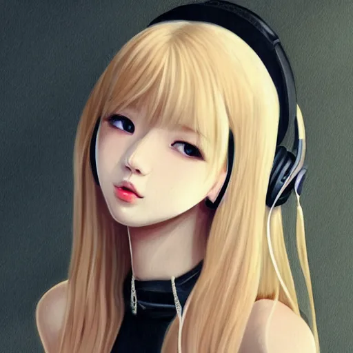 Image similar to realistic beautiful gorgeous natural cute Blackpink Lalisa Manoban blonde hair cute fur blonde cat ears, wearing camisole, wearing headphones, wearing black leather choker artwork drawn full HD 4K highest quality in artstyle by professional artists WLOP, Taejune Kim, Guweiz on Artstation Pixiv