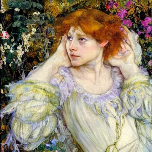 Image similar to Ophelia Millais, in style The Swan Princess Vrubel, by Mikhail Vrubel, oil painting, art gallery, art museum, small details, whole-length