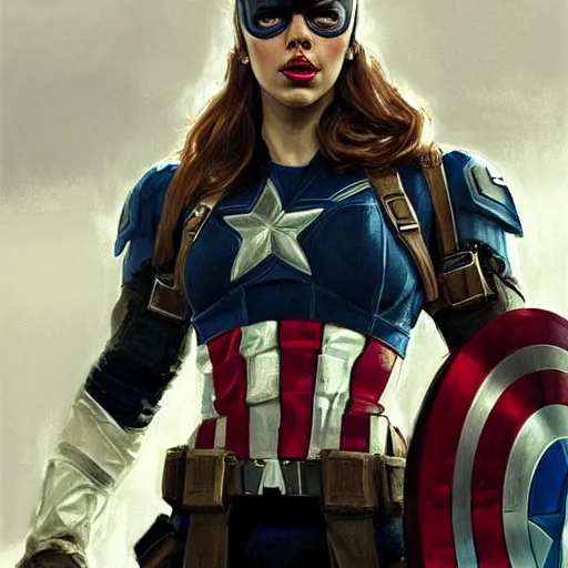 Image similar to captain america played by by scarlett johansson wearing heavy armour, face portrait, athletic strong body, hd shot, digital portrait, elegant, beautiful, fantasy art, artstation, comic style, by artgerm, guy denning, jakub rozalski, magali villeneuve and charlie bowater