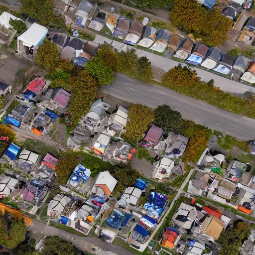 Prompt: top down aerial view of dilapidated kindergarden and suburb real life, desolate with zombies, dilapidated, zombies in the streets, nightmarish, some rusted style parked vehicles, sunny weather, few clouds, volumetric lighting, photorealistic, daytime, autumn, sharp focus, ultra detailed, cgsociety