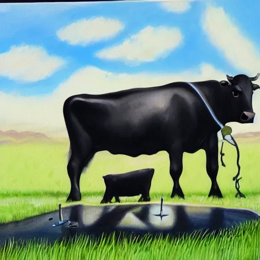 Prompt: a ufo stealing cows, painting