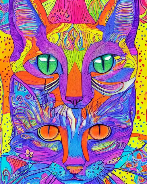 Prompt: psychedelic cat in wonderland by laurel burch, detailed matte painting 8k