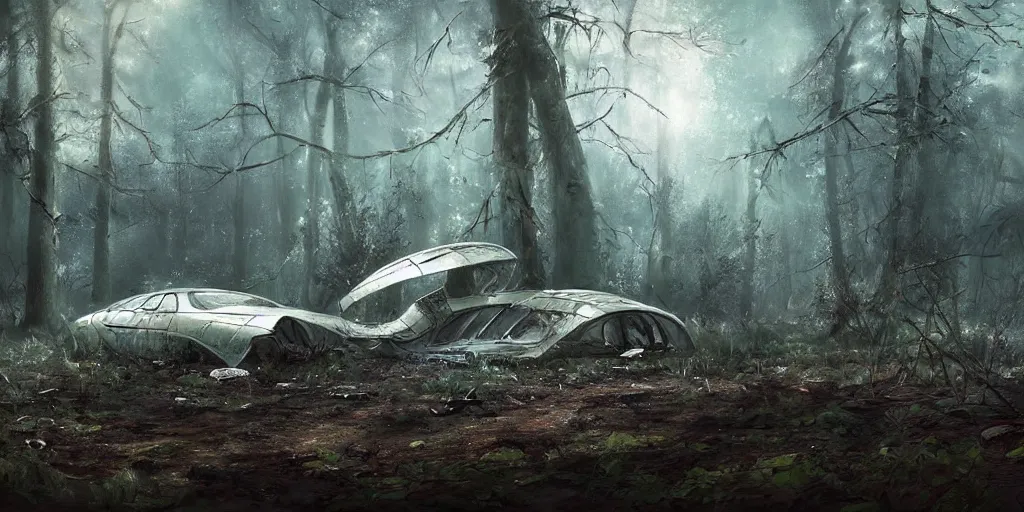 Prompt: abandoned crashed ufo in the forest, concept art, art station landscape, cinematic lighting hyper realistic painting, dark atmosphere