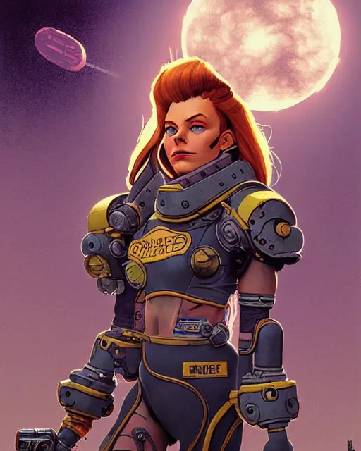 Image similar to brigitte from overwatch, character portrait, portrait, close up, concept art, intricate details, highly detailed, vintage sci - fi poster, retro future, in the style of chris foss, rodger dean, moebius, michael whelan, and gustave dore