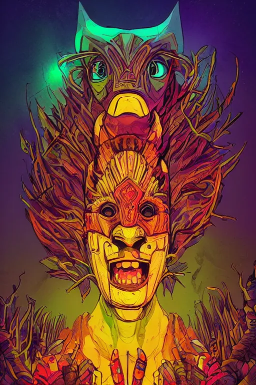 Image similar to totem animal tribal chaman vodoo mask feather gemstone plant wood rock video game illustration vivid color borderlands by josan gonzales and dan mumford radiating a glowing aura