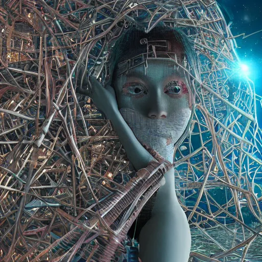 Image similar to space station on the moon, piles of modular synth cables mixed with mangrove roots, kawaii puerto rican goddess staring through your soul wearing a headpiece made of circuit boards, by cameron gray, wlop, stanley kubrick, masamune, hideki anno, jamie hewlett, unique perspective, trending on artstation, cinematic, 3 d render, vivid