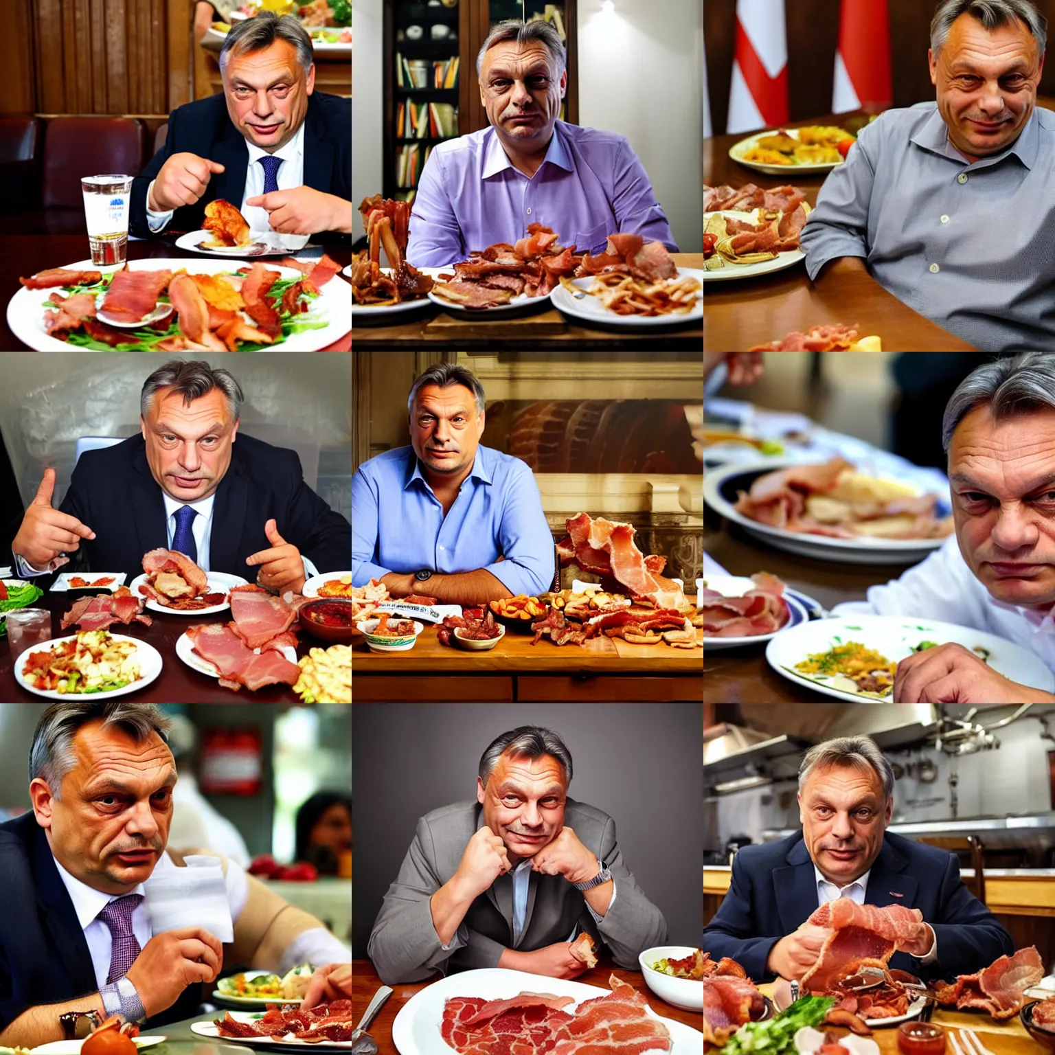 Prompt: portrait of viktor orban proudly sitting behind a table full of bacon, close - up